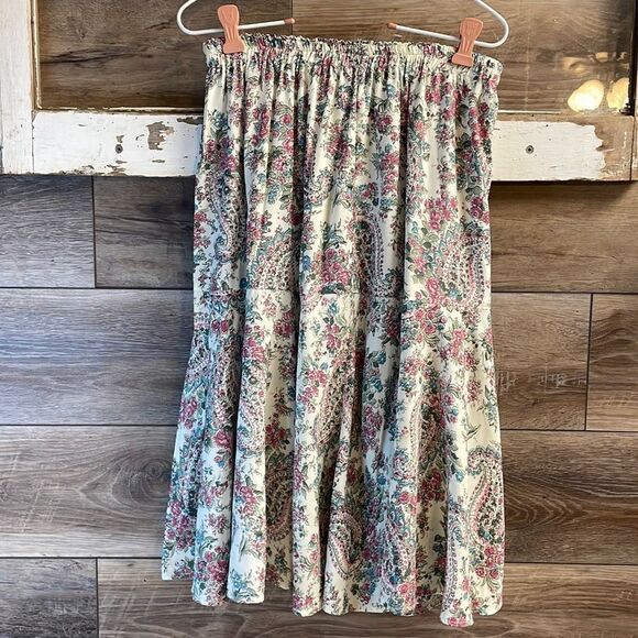 Vintage Paisley Floral Elastic Waist Flowy Flouncy Skirt Size Medium Pink Multi - Picture 3 of 4